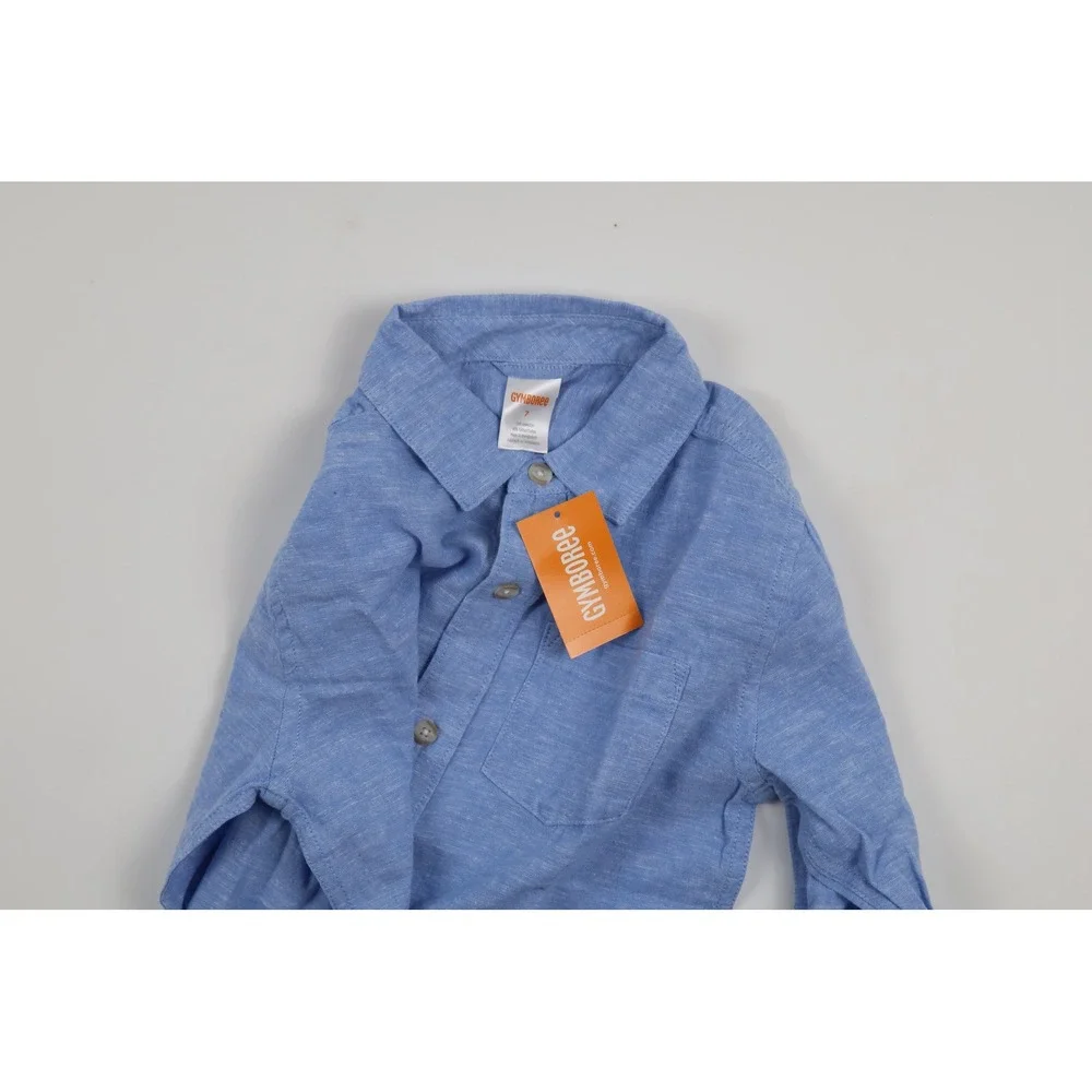 Gymboree Button Down Shirt Blue Solid Size 7 Linen Blend NWT
